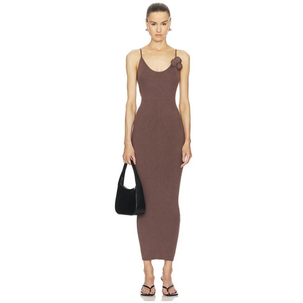 LPA REVOLVE Dara Midi Dress Bodycon Ribbed SZ M Rosette Adjustable Strap Stretch